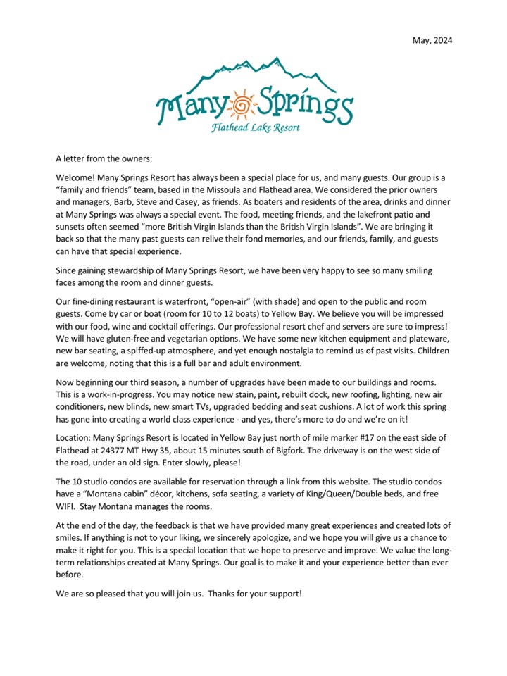 Letter from Many Springs Resort owners